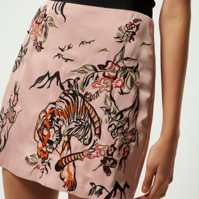 Pink tiger print embroidered mini skirt